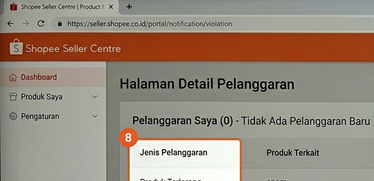 Halaman notifikasi pelanggaran di Seller Centre