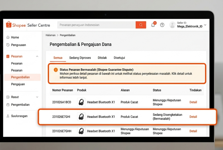 Screenshot: cara cek status pesanan bermasalah di halaman Pengembalian Seller Centre