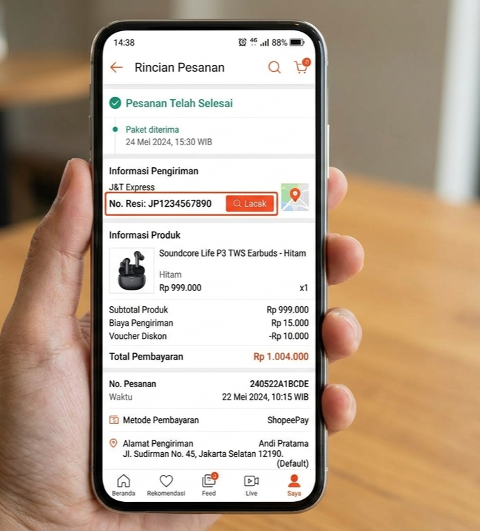 cara menemukan nomor resi dan halaman lacak paket di aplikasi Shopee