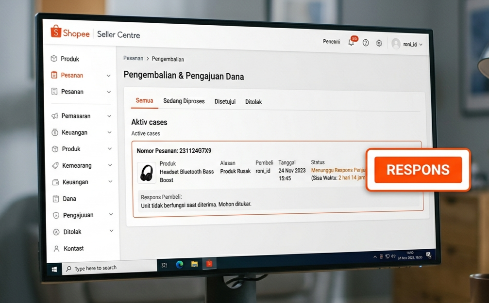Screenshot: tombol "Respons" pada kasus pengembalian aktif di Seller Centre