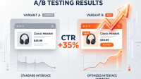 Eksperimen Strategi AB Test Judul Produk Shopee untuk Lonjakan CTR Toko Online Ilustrasi infografis perbandingan judul produk A dan B menggunakan metode A/B test Shopee yang memperlihatkan kenaikan performa data klik (CTR) hingga 35 persen.