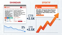 Perbandingan Dampak Optimasi Kata Kunci Shopee Terhadap Grafik Performa CTR Toko Grafik komparasi editorial senarai.co memperlihatkan perbedaan performa toko antara penggunaan kata kunci generik yang buruk dengan kata kunci long-tail efektif yang mampu meningkatkan klik produk hingga dua setengah kali lipat