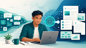 artikel-01-prompt-engineering-untuk-penul.png Ilustrasi editorial seorang penulis Indonesia menggunakan laptop dengan alur visual yang menunjukkan transformasi ide dan prompt menjadi dokumen serta struktur konten yang tersusun rapi melalui sistem AI abstrak di tengah gambar.Ilustrasi editorial seorang penulis Indonesia menggunakan laptop dengan alur visual yang menunjukkan transformasi ide dan prompt menjadi dokumen serta struktur konten yang tersusun rapi melalui sistem AI abstrak di tengah gambar.