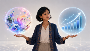 artikel-05-ai-generatif-vs-prediktif.png Ilustrasi editorial semi-flat seorang wanita Indonesia yang melihat dan memahami perbedaan antara AI generatif, yang menciptakan konten baru, dan AI prediktif, yang menganalisis data untuk meramalkan masa depan, digambarkan sebagai dua bola digital yang berbeda.Ilustrasi editorial semi-flat seorang wanita Indonesia yang melihat dan memahami perbedaan antara AI generatif, yang menciptakan konten baru, dan AI prediktif, yang menganalisis data untuk meramalkan masa depan, digambarkan sebagai dua bola digital yang berbeda.