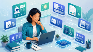 artikel-15-ai-tools-gratis-penulis.png Ilustrasi editorial seorang penulis Indonesia menggunakan laptop di ruang kerja digital yang dikelilingi berbagai panel alat bantu AI generik, kartu aplikasi, dan elemen produktivitas yang tersusun rapi dalam tata letak isometrik.Ilustrasi editorial seorang penulis Indonesia menggunakan laptop di ruang kerja digital yang dikelilingi berbagai panel alat bantu AI generik, kartu aplikasi, dan elemen produktivitas yang tersusun rapi dalam tata letak isometrik.